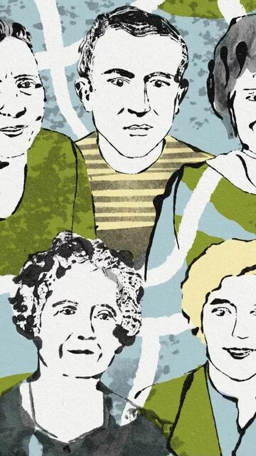 Illustration mit zehn Porträts von Personen vor farbigem, abstraktem Hintergrund in Blau, Grün und Weiß.