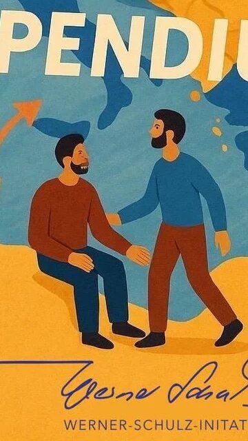 Das Bild zeigt eine Grafik, auf dem mehrere stilisierte Pesonen vor einer Weltkarte miteinander interagieren.