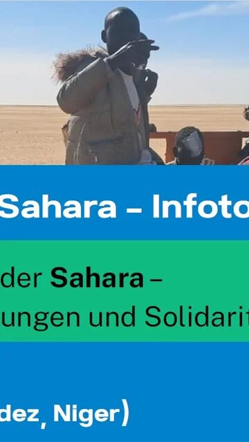 Im Hintergrund ein Foto von mehreren Menschen auf der Ladefläche eines kleinen Fahrzeugs in der Wüste, im Vordergrund ein Banner mit Veranstaltungsthema "Europas Grenzen in der Sahara".
