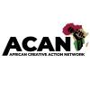 Logo of ACAN: African Creative Action Network, Shape of African continent with a hand holding a mic