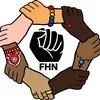 Illustration: Six interlocked hands form a circle, inside the circle is a black fist and the letters "FHN."