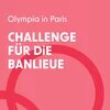 Rosa Hintergrund mit weißem Text „Olympia in Paris – Challenge für die Banlieue“. Unten rechts ein roter, kreisförmiger Ausschnitt.