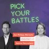 Text „Pick Your Battles“ in Neon-Schrift. Jan Philipp Albrecht und Sabine Rennefanz abgebildet, mit Hinweis auf ihre Diskussion.