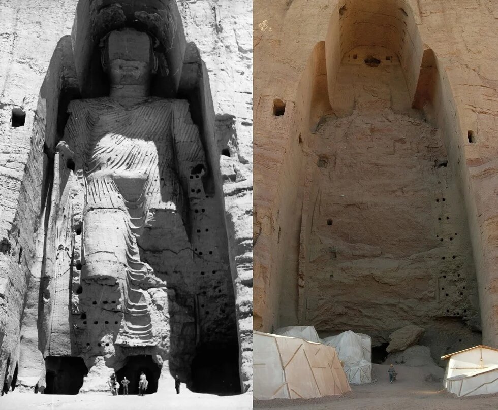 Die größere der beiden Buddha-Statuen von Bamiyan vor und nach der Zerstörung. Die größere der beiden Buddha-Statuen von Bamiyan vor und nach der Zerstörung.