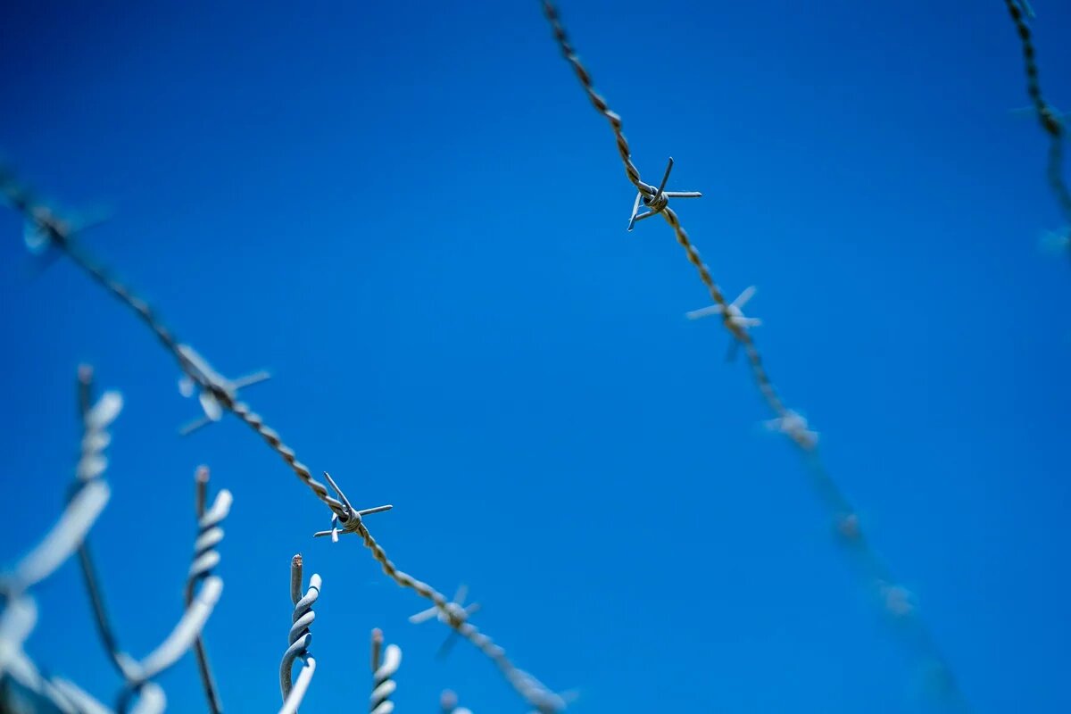 Stacheldrahtzaun Stacheldrahtzaun vor blauem Himmel