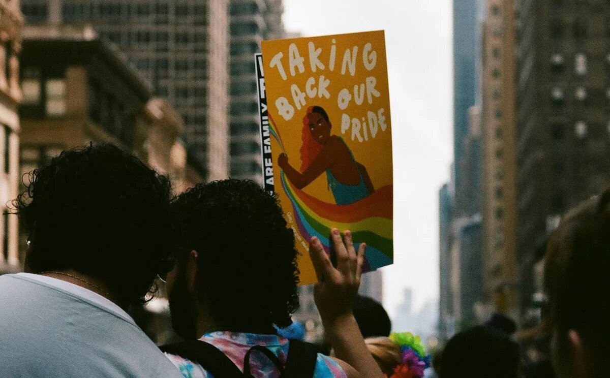 poster on demonstration saying "taking back our pride"