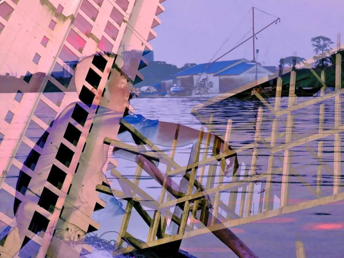 Fisherman and Construction Cambodia Collage Fischer und Rohbau eines Hochhauses