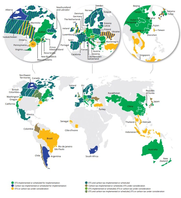 Weltkarte: Geplante und bereits eingeführte Bepreisungssysteme (World Bank 2020) mit farblicher Kennzeichnungen