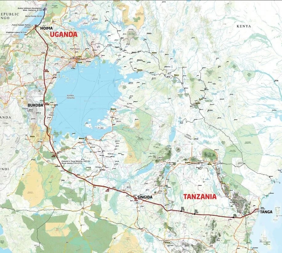 Verlauf der Pipeline von Uganda nach Tansania Landkarte Ausschnitt - Verlauf der Pipeline von Uganda nach Tansania