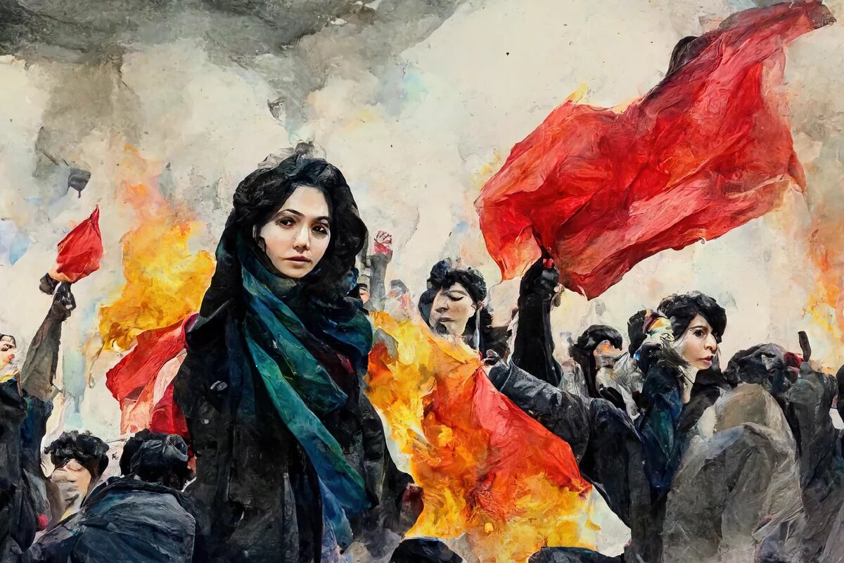 Illustration. Eine Frau in Kopftuch steht vor einem Protest