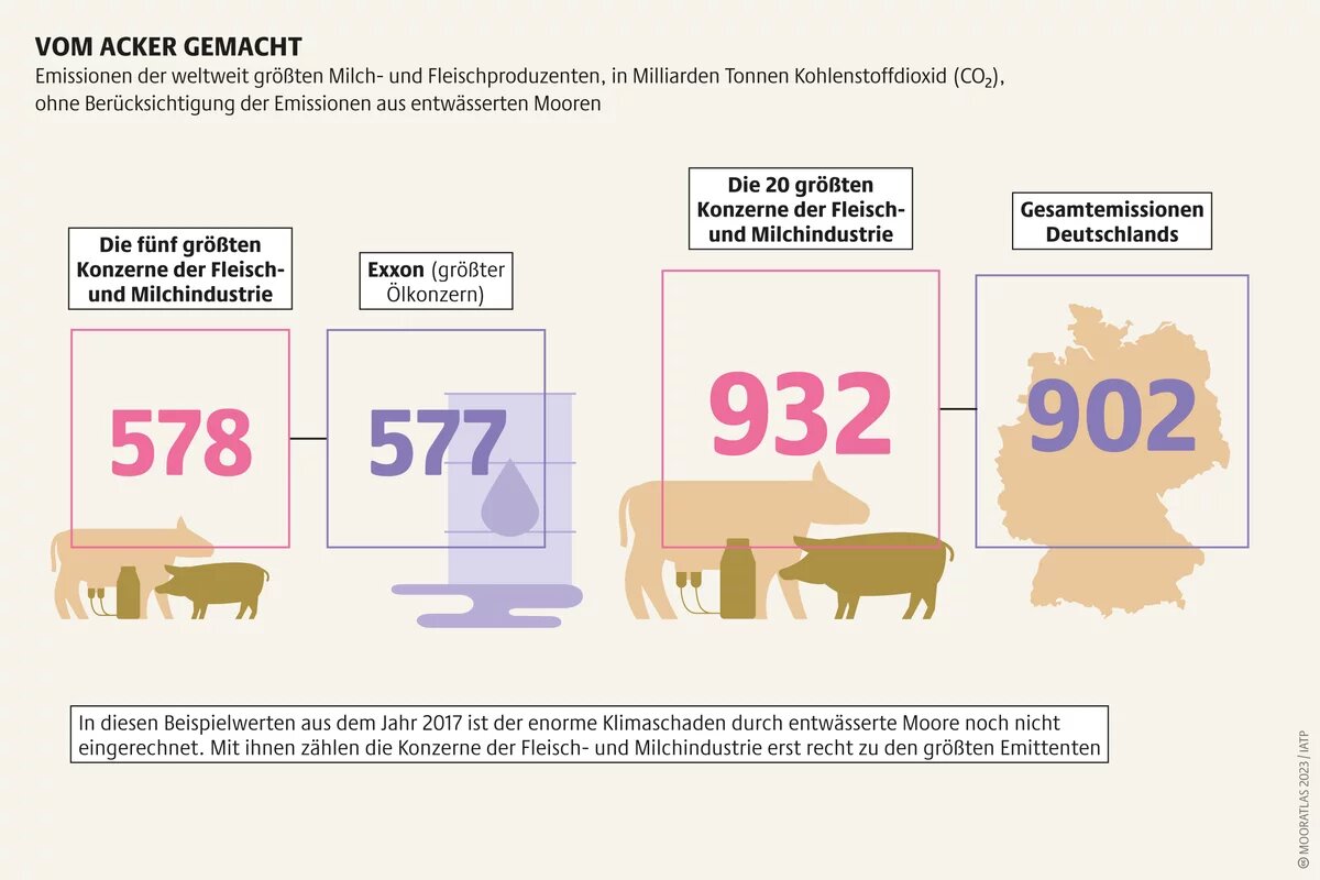 Landwirtschaftliche Konzerne, deren Geschäft auf Moorzerstörung basiert, verweigern oft einen transparenten Umgang mit Emissionszahlen Mooratlas Infografik: Emissionen der weltweit größten Milch- und Fleischproduzenten, in Milliarden Tonnen Kohlensto¦dioxid (CO»), ohne Berücksichtigung der Emissionen aus entwässerten Mooren