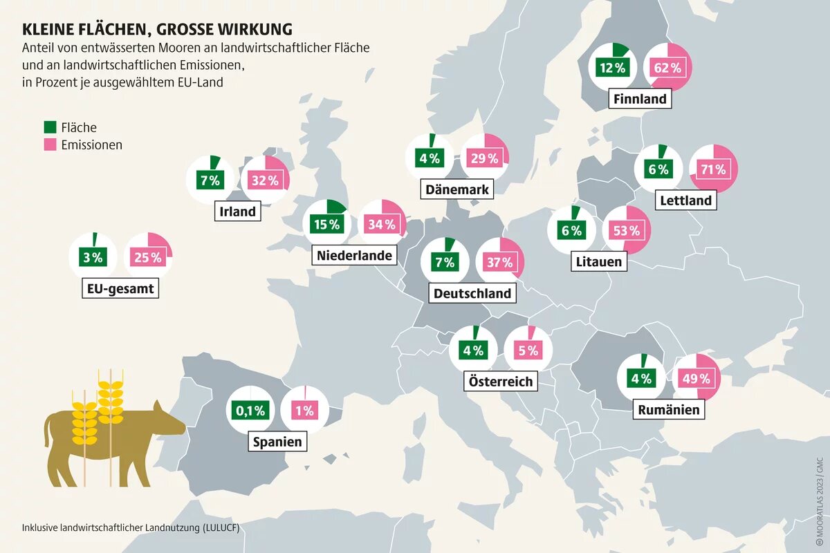 Oft höchst effektiv: Durch Wiedervernässung von Mooren könnten in vielen Ländern große Mengen landwirtschaftlicher Emissionen eingespart werden Mooratlas Infografik: Anteil von entwässerten Mooren an landwirtschaftlicher Fläche und an landwirtschaftlichen Emissionen, in Prozent je ausgewähltem EU-Land