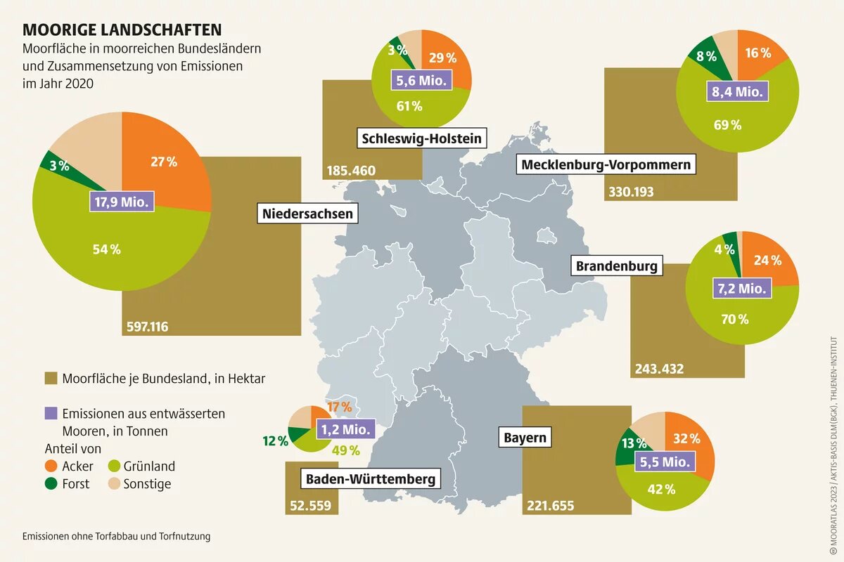 Ein Drittel der deutschen Moore liegt in Niedersachsen. Dort bedecken sie 8 Prozent des ganzen Bundeslands und werden zur Hälfte als Grünland genutzt Mooratlas Infografik: Moorfläche in moorreichen Bundesländern und Zusammensetzung von Emissionen im Jahr 2020