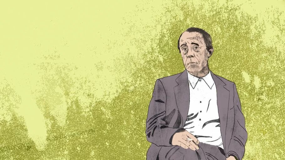 Heinrich Böll Zeichnung von Heinrich Böll vor einem grünen Hintergrund