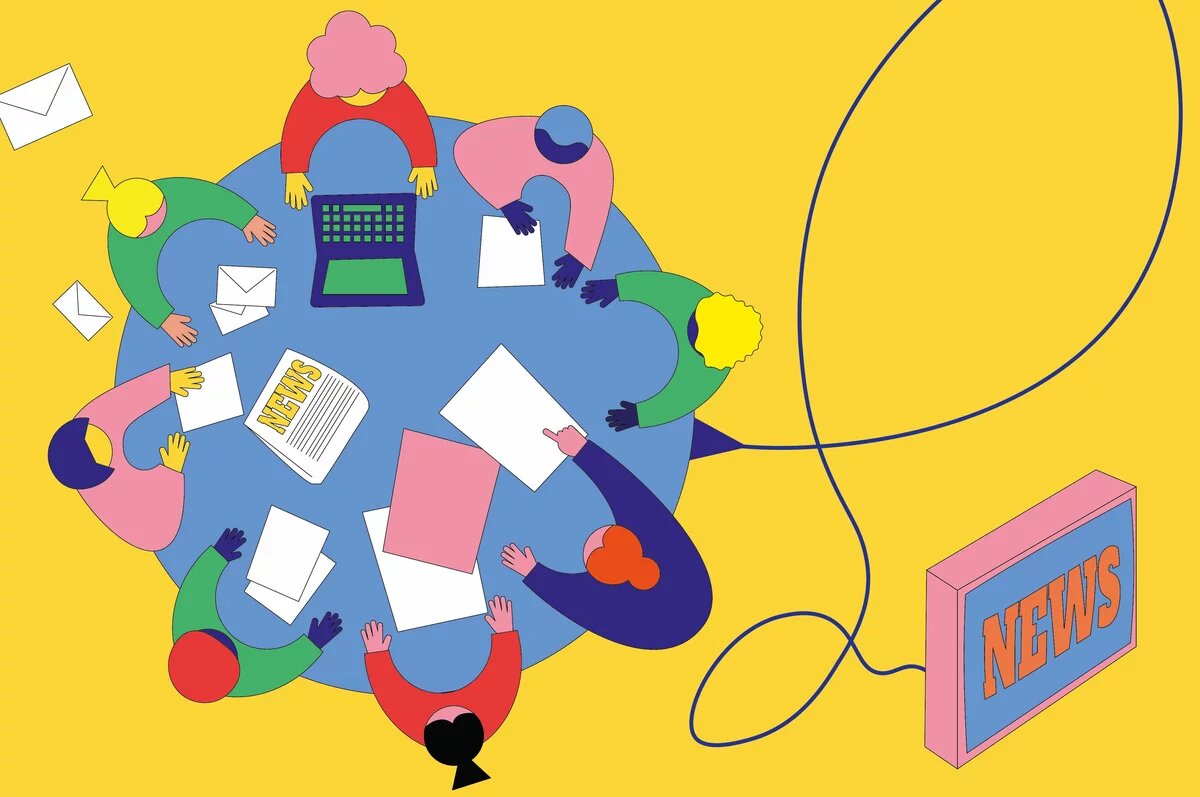 Öffentlich-Rechtliche Medien: Wer entscheidet über das Programm? Illustration eines Tisches, an dem Journalist*innen sitzen