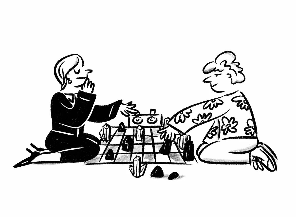 Illustration: Zwei Personen spielen Schach mit Rohstoffen