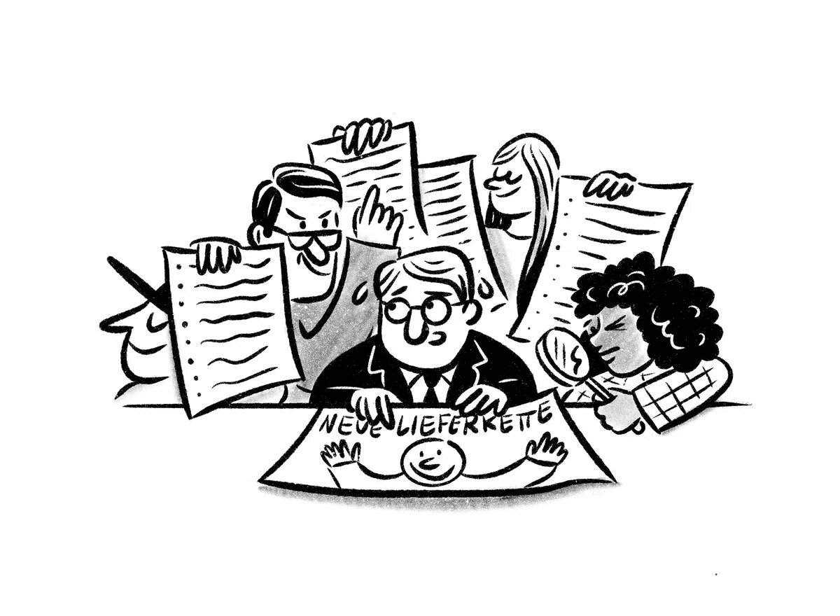 Illustration zum Lieferkettengesetz: Personen untersuchen das neue Gesetz