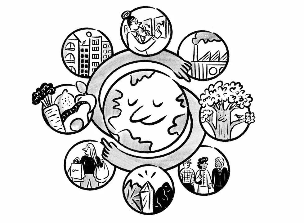 Illustration zeigt Situationen in einem Kreis angeordnet, die zirkuläres Wirtschaften veranschaulichen sollen