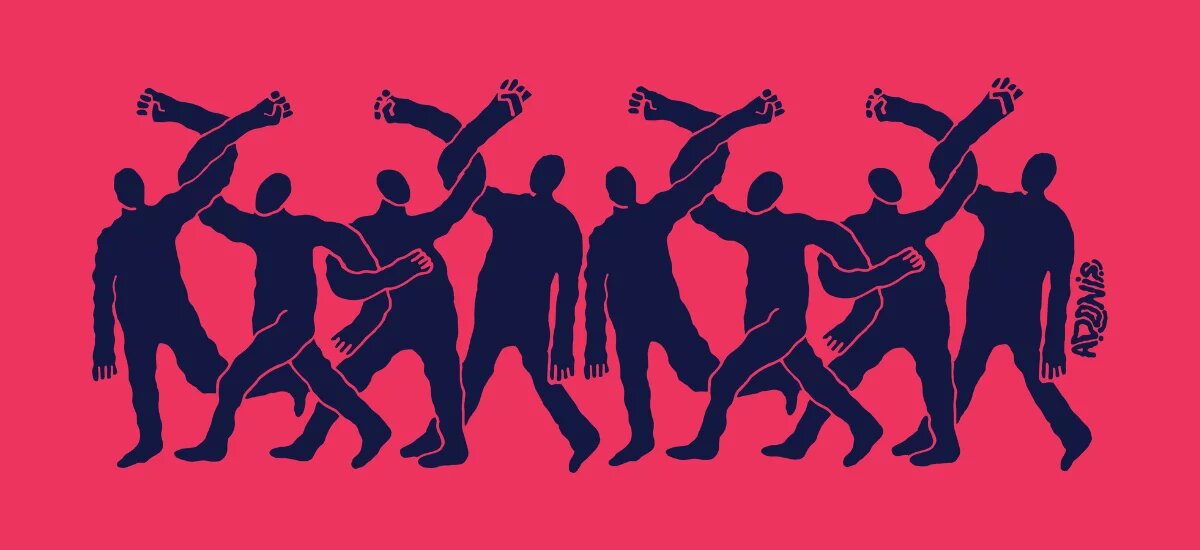 stronger together human chain human chain of graphical persons in red and dark blue