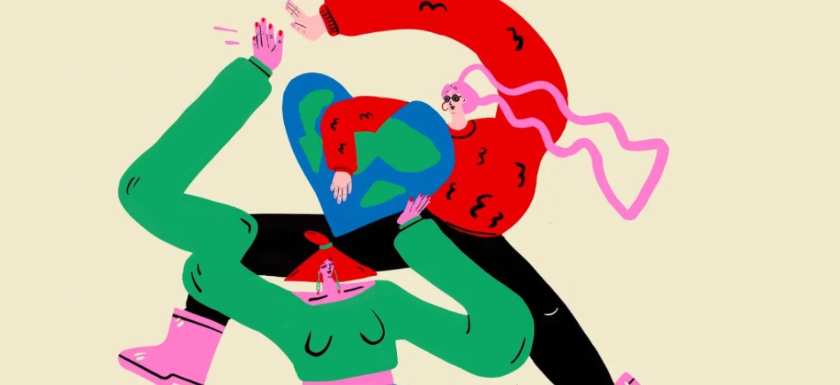 From climate action to feminist justice Graphic of two women and the phrase "life is fun extinction is boring"