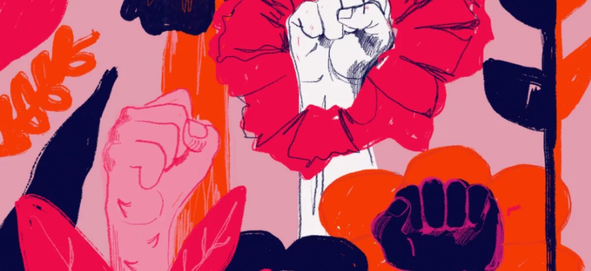 Flowers and fists reaching to the sky