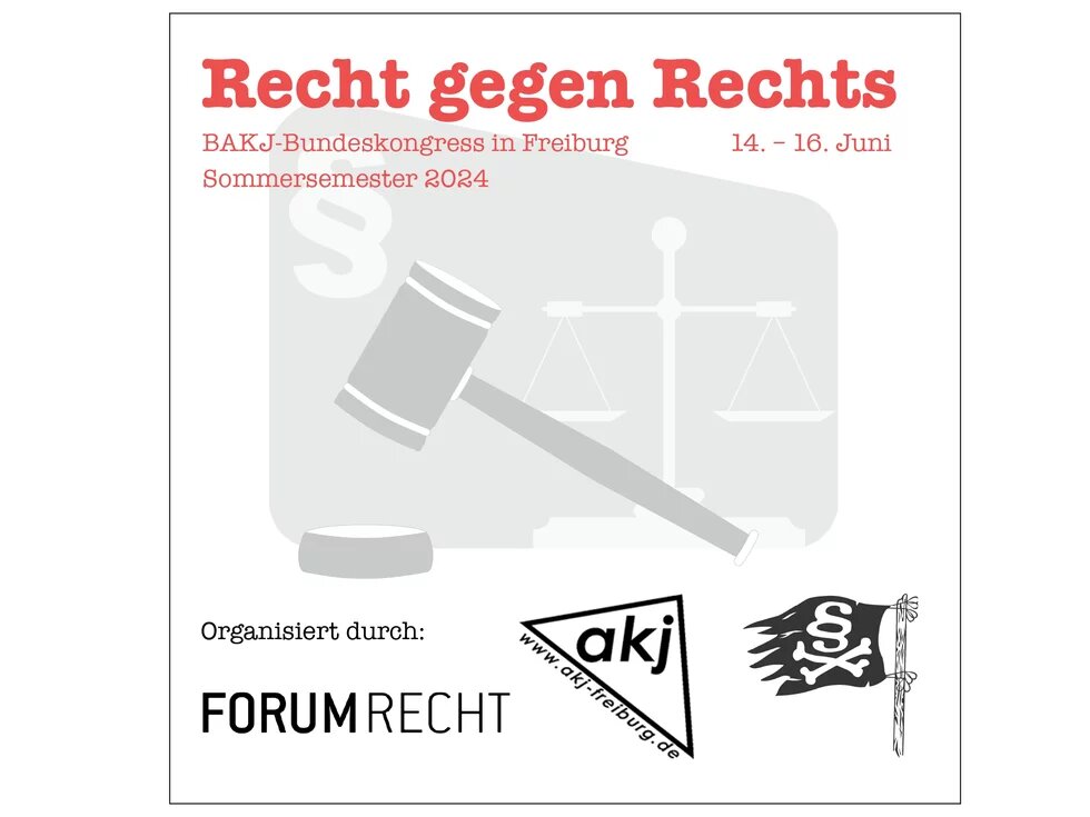 Recht gegen Rechts Kongress Das Logo des Recht gegen Rechts Kongress mit roter Schrift und einem Hammer, der in der Urteilsverkündung von Richter*innen verwendet wird