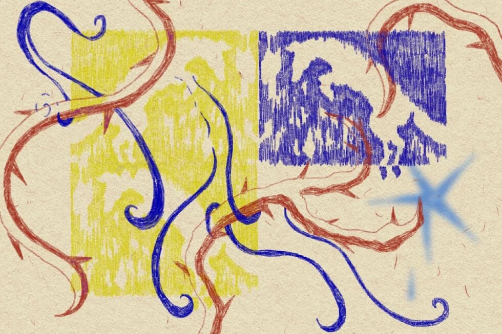 Illustration: Blaue und rote geschwungene Linien vor gelben und blauen Rechtecken. Eine blaue sternförmige Form unten rechts. Abstrakte Darstellung.