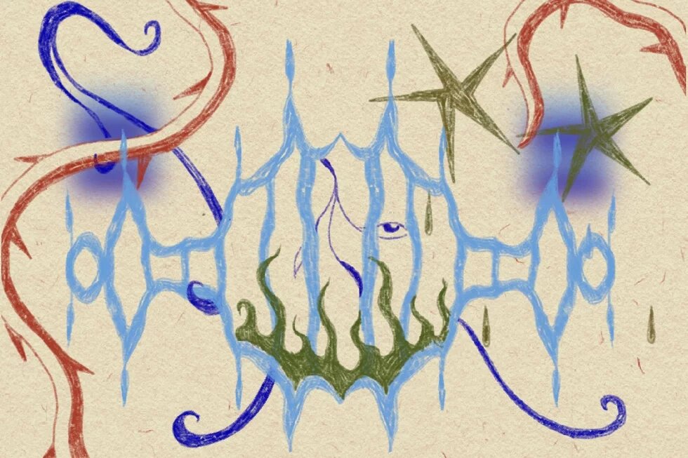  Illustration: Rote und blaue geschwungene Linien mit blauen Flecken, zwei grünen Sternen und einem Auge in der Mitte hinter einem Gitter aus hellblauen Zacken. Abstrakte Darstellung.