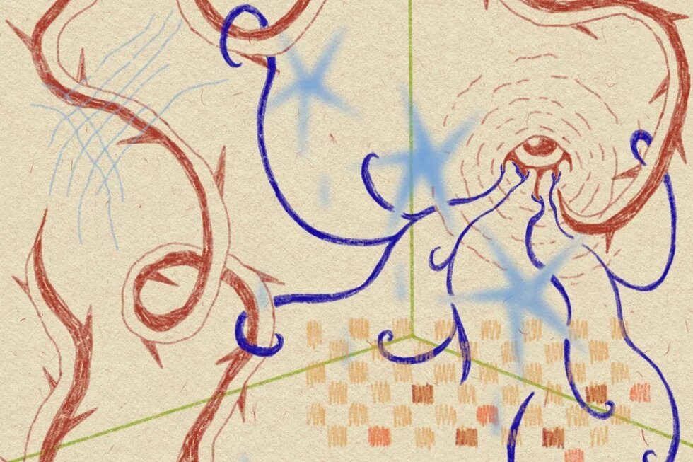  Illustration: Rote und blaue geschwungene Linien, blaue Schraffuren, Sterne und ein zentrales Auge. Linien wirken wie Tränen. Abstrakte Darstellung.