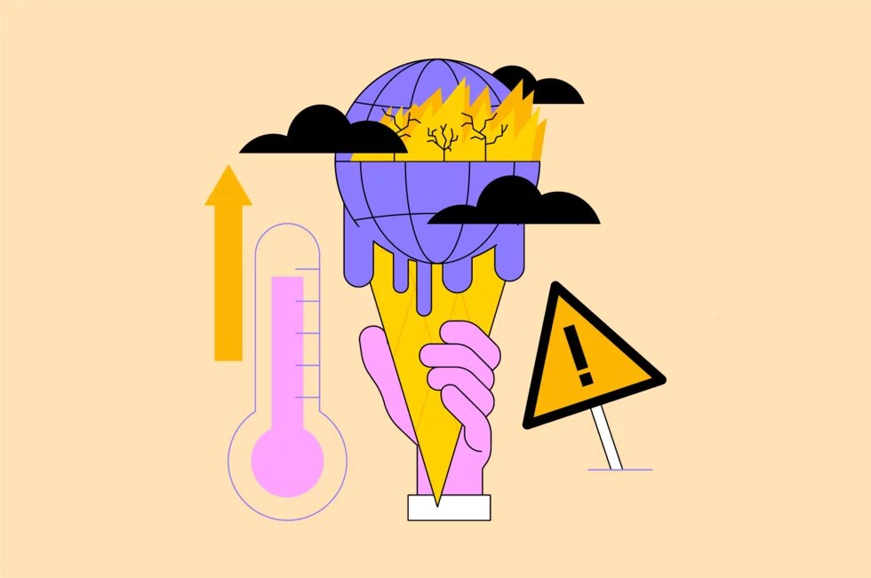 Illustration: Eine Hand hält eine schmelzende Eiskugel in Form der Erde, die brennt. Links ein Thermometer und ein Pfeil nach oben, rechts ein Warnschild.