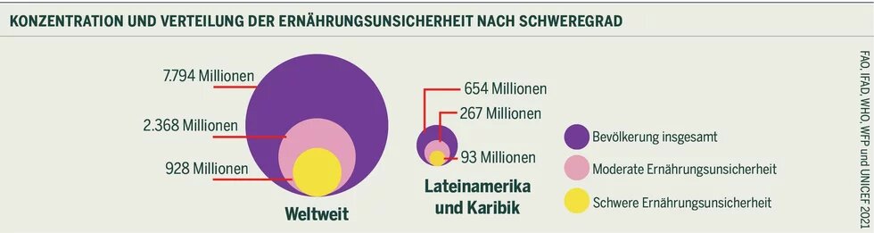 Illustration: Kreise zeigen weltweite und lateinamerikanische Bevölkerung, moderate und schwere Ernährungsunsicherheit. Verschiedene Zahlen sind angegeben.