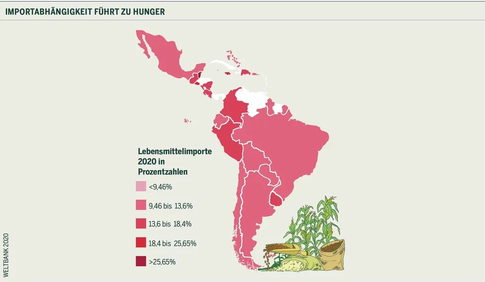 Importabhängigkeit führt zu Hunger Illustration: Karte Lateinamerikas zeigt Lebensmittelimporte 2020 in Prozent, farblich abgestuft. Unten rechts Mais, Getreide und Säcke dargestellt.