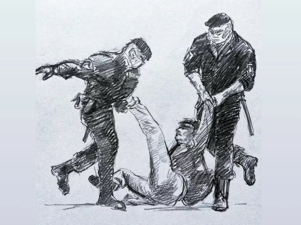 Kliukakh Tsikhan. Zeichnung aus dem Gefängnis. Illustration (schwarz/weiß): Zwei Polizisten in dunklen Uniformen zerren an Arm und Bein einer am Boden liegenden Person