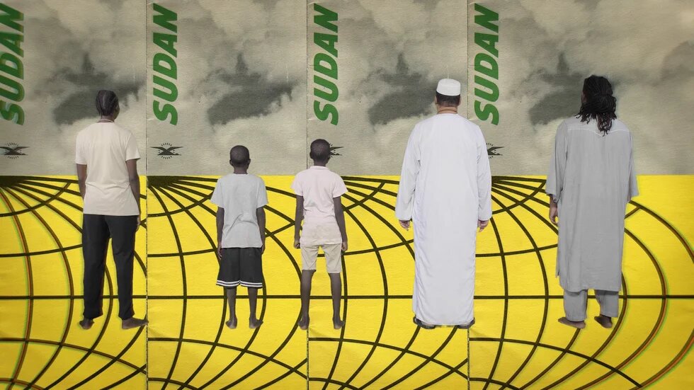 Illustration: A group of five people stands with their backs to the viewer in front of a yellow and black globe, with "SUDAN" written on a backdrop.
