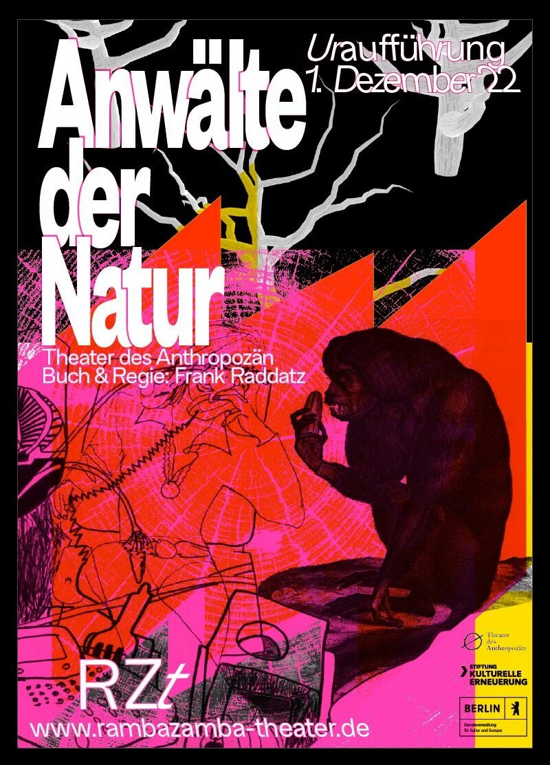 Ein Plakat, auf dem ein Affe und ein Mensch vor schwarz-rotem Hintergrund zu sehen sind, für das Theaterstück "Anwälte der Natur" des "RambaZamba-Theaters.