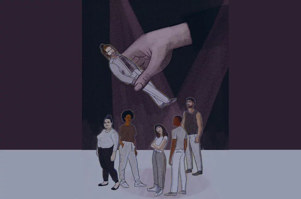 Illustration - «Von den Rändern auf die Mitte schauen» Illustration: Große Hand greift nach weißem Mann; diverse, unterschiedlich große Person*en blicken aus Gruppe heraus zu ihm auf.