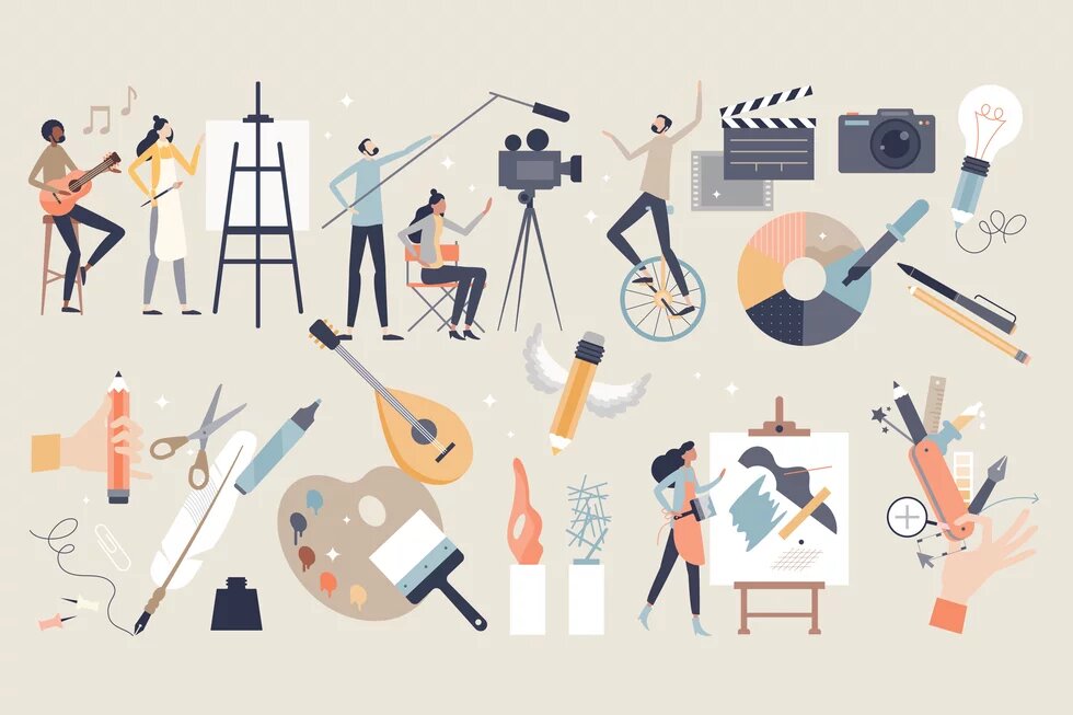 Grafik mit verschiedenen kreativen Tätigkeiten wie Malen, Musik, Film, Schreiben, Basteln und Jonglieren Illustration: Verschiedene kreative Tätigkeiten wie Malen, Musik, Film, Schreiben, Basteln und Jonglieren sind dargestellt.