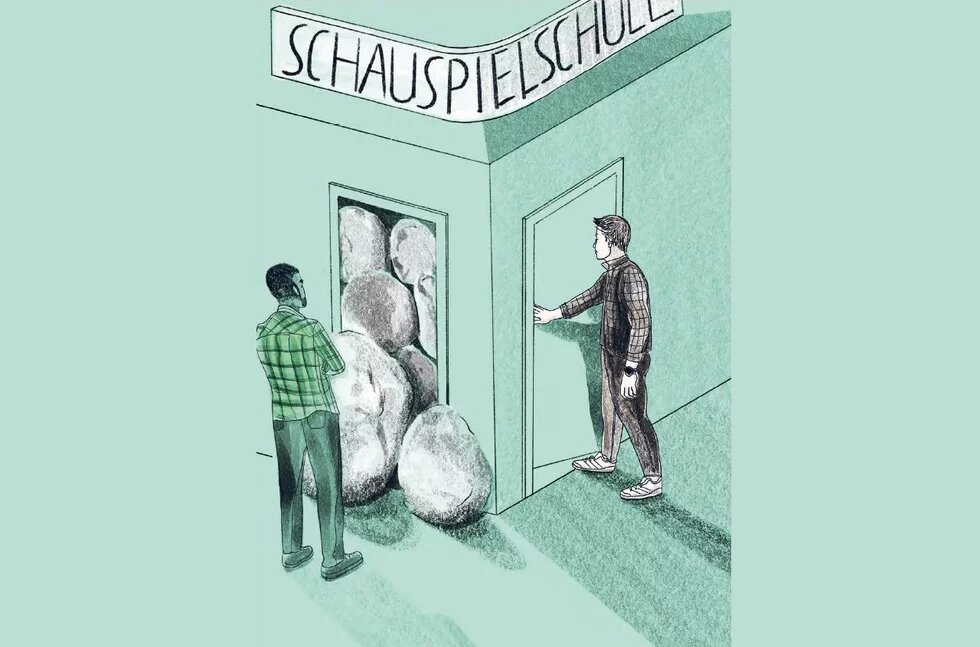 Illustration - „Wir dürfen als Gesellschaft nicht demokratiefaul werden“ Illustration: Gebäude mit Schild „Schauspielschule“, eine Tür ist mit Steinen versperrt, eine zweite Tür offen; Hintergrund ist mintgrün.