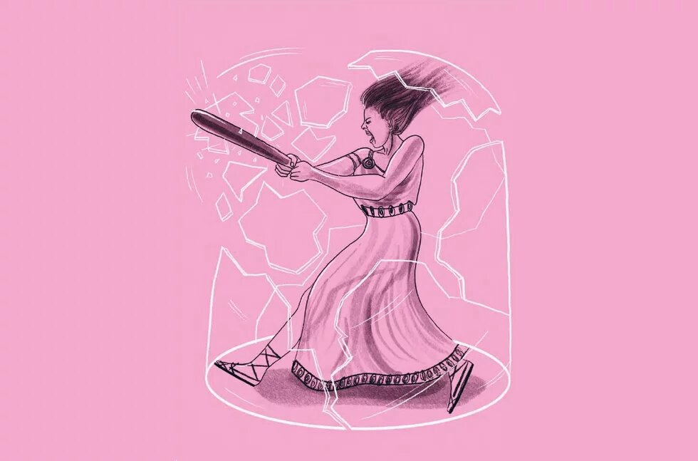 Illustration - "Vom Wunsch, neue Welten zu entwerfen" Illustration: Person in langem Kleid zerschlägt mit Keule eine Glaskuppel, Scherben fliegen nach außen, Hintergrund ist rosa.