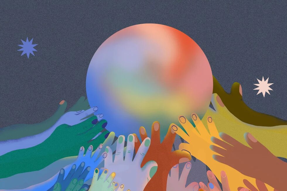 Illustration: Multiple colorful hands reaching toward a glowing, multicolored sphere against a dark background.
