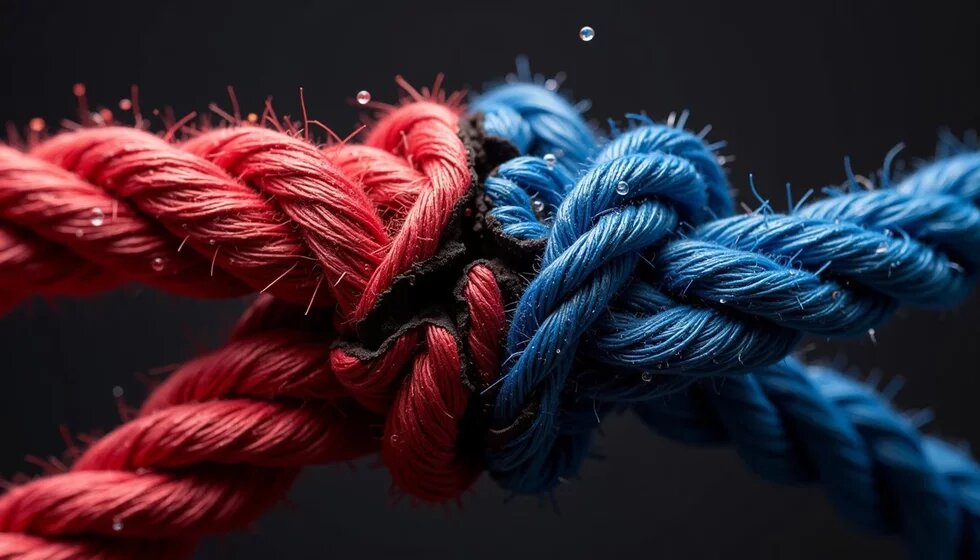 Zwei dicke, miteinander verknotete Seile – eines rot, eines blau – vor dunklem Hintergrund, mit sichtbaren Wassertropfen