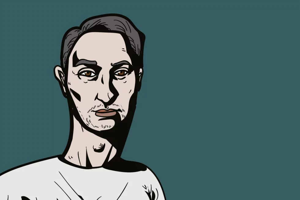 Illustration: Person mit kurzem, dunklem Haar vor einfarbigem, grünlich-blauem Hintergrund, schaut geradeaus, trägt helles Oberteil.