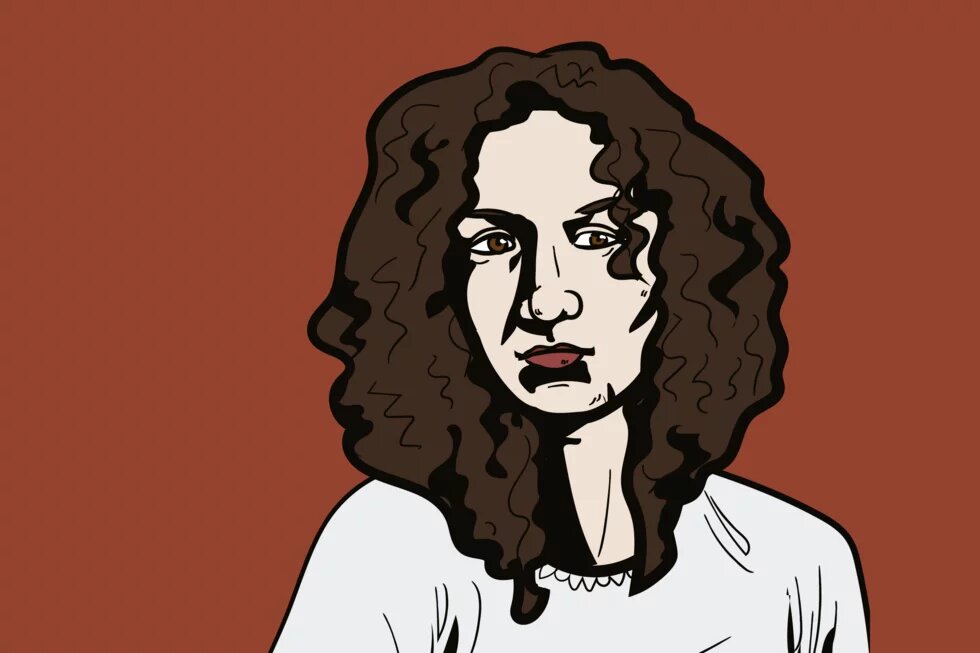 Illustration: Person mit lockigem, dunklem Haar vor einfarbigem, rötlichem Hintergrund, Blick nach vorn, trägt helles Oberteil.