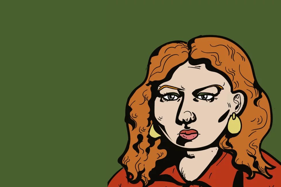 Illustration: Person mit welligem, rötlichem Haar vor einfarbig grünem Hintergrund, schaut ernst, trägt Oberteil mit Kragen.