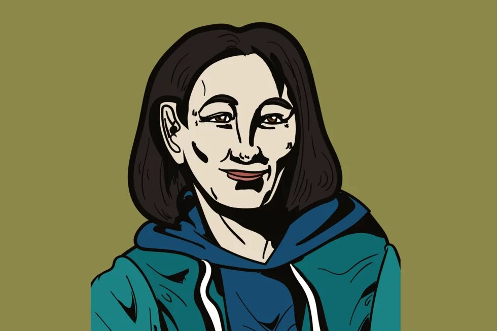 Kateryina, 40 Jahre Illustration: Person mit mittellangem dunklem Haar, leichtem Lächeln, Kapuzenpulli und Jacke vor olivgrünem Hintergrund.
