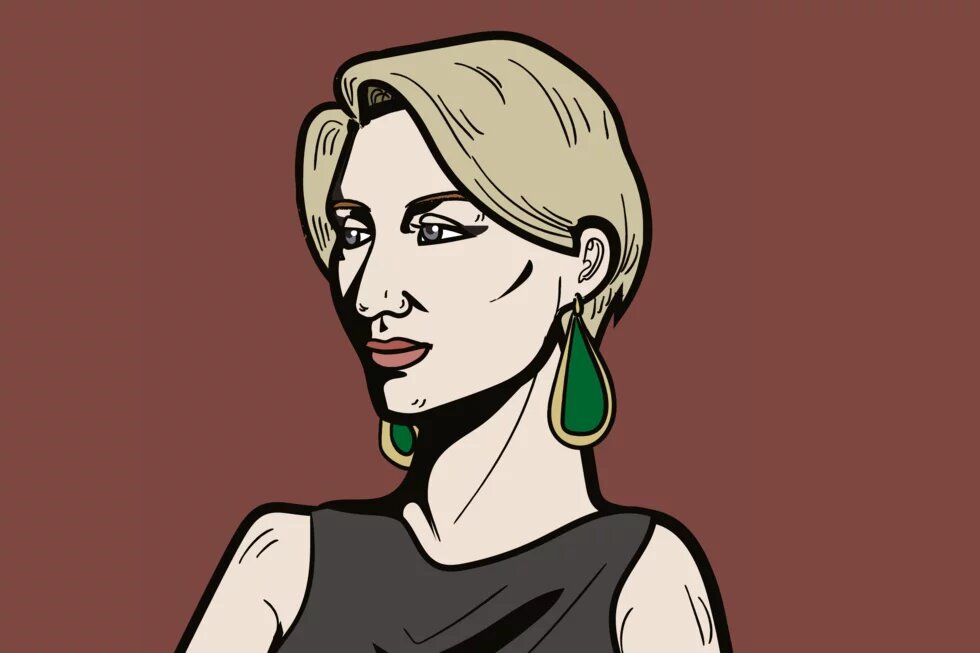 Illustration: Person mit kurzem, hellem Haar, großen tropfenförmigen Ohrringen, neutralem Blick und dunklem Oberteil vor rötlich-braunem Hintergrund.