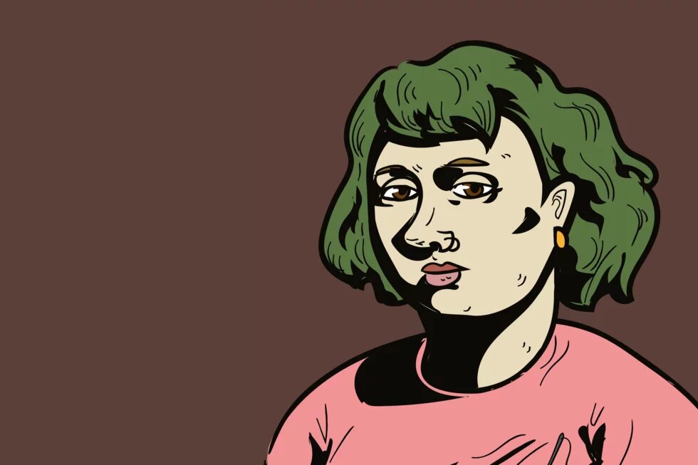 Illustration: Person mit mittellangem, grünlichem Haar vor einfarbig braunem Hintergrund, trägt Oberteil mit rundem Ausschnitt.