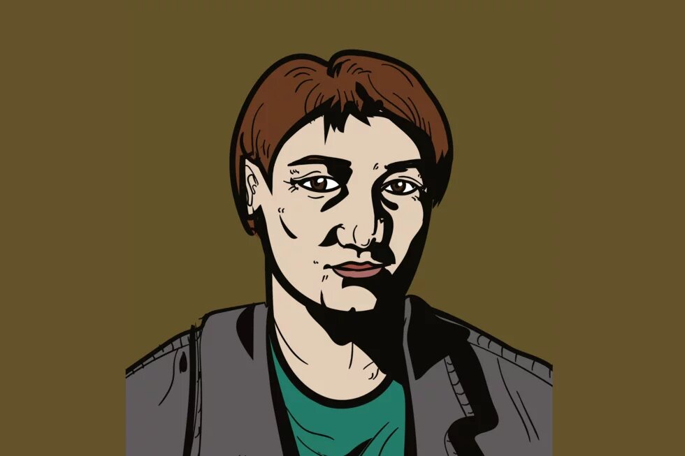 Illustration: Person mit kurzem, braunem Haar vor einfarbig olivgrünem Hintergrund, schaut nach vorn, trägt Jacke über dunklem Oberteil.