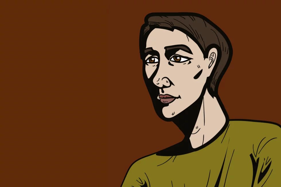 Illustration: Person mit kurzem, dunklem Haar, ernstem Blick, schmalem Gesicht und olivfarbenem Oberteil vor braunem Hintergrund.