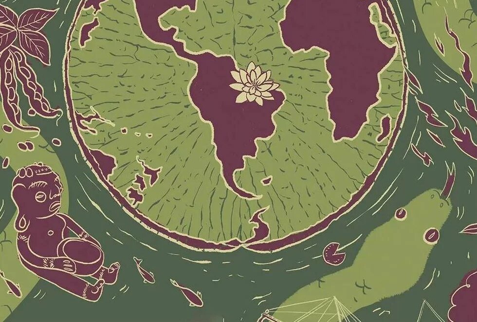Eine grün-lila stilisierte Weltkugel, die mittig Mittel- und Südamerika zeigt